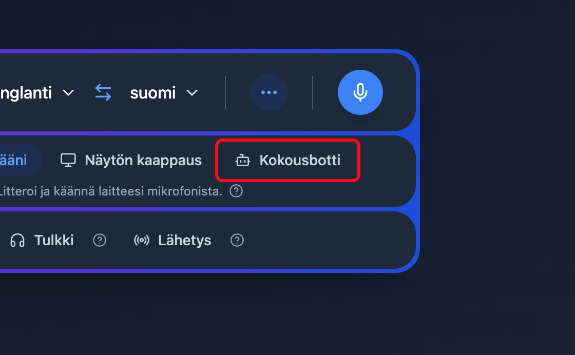 Zoomed view of the Meeting Bot source button in the Whisperr Web App