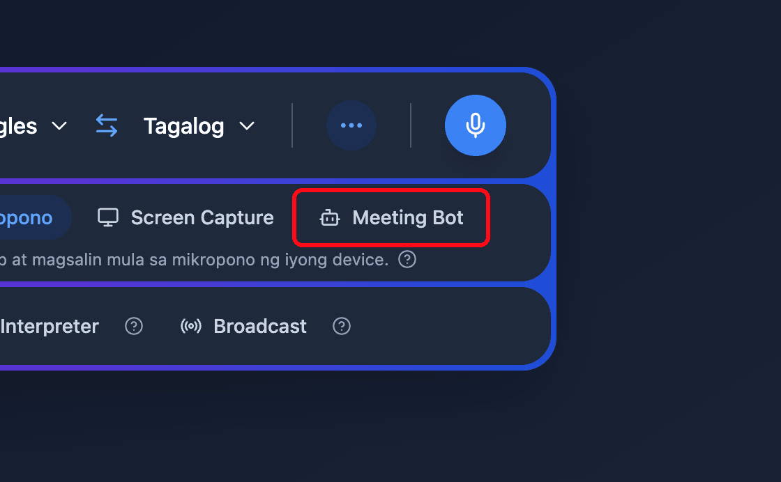Zoomed view of the Meeting Bot source button in the Whisperr Web App