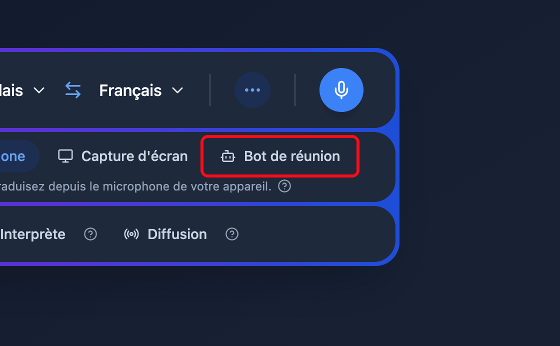 Zoomed view of the Meeting Bot source button in the Whisperr Web App