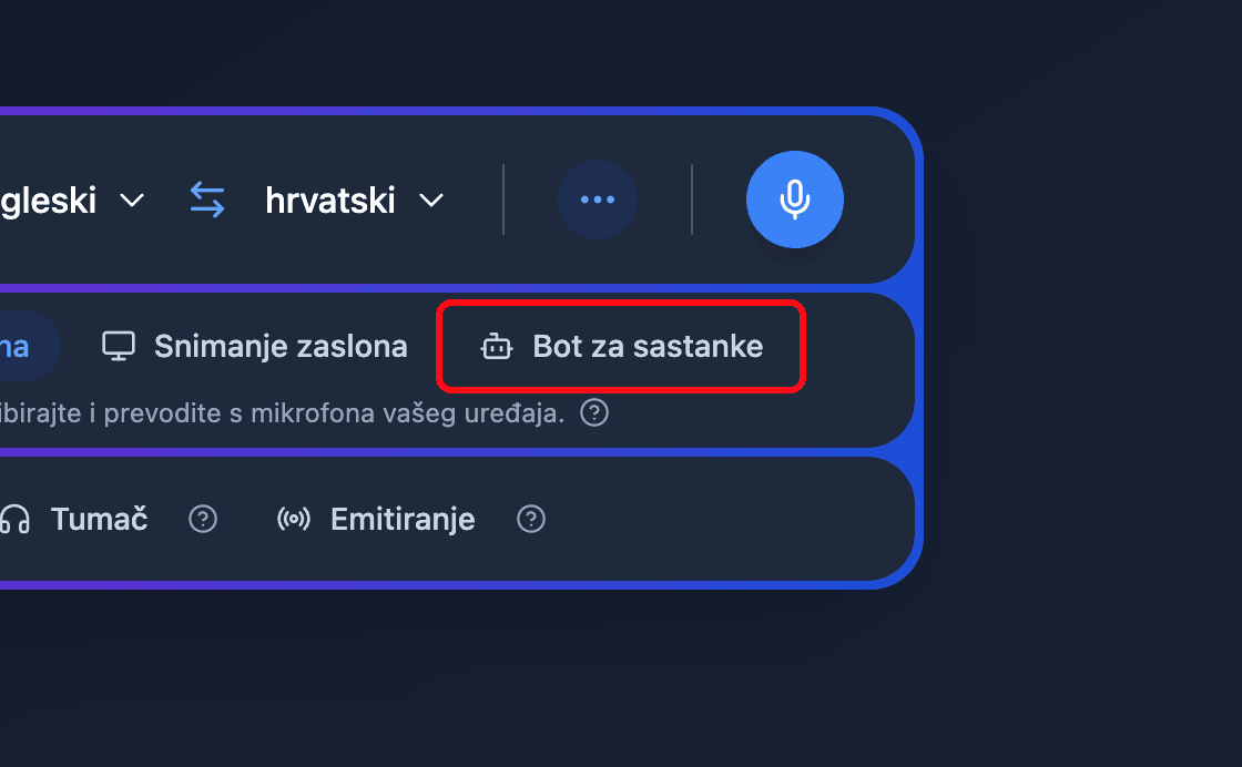 Zoomed view of the Meeting Bot source button in the Whisperr Web App
