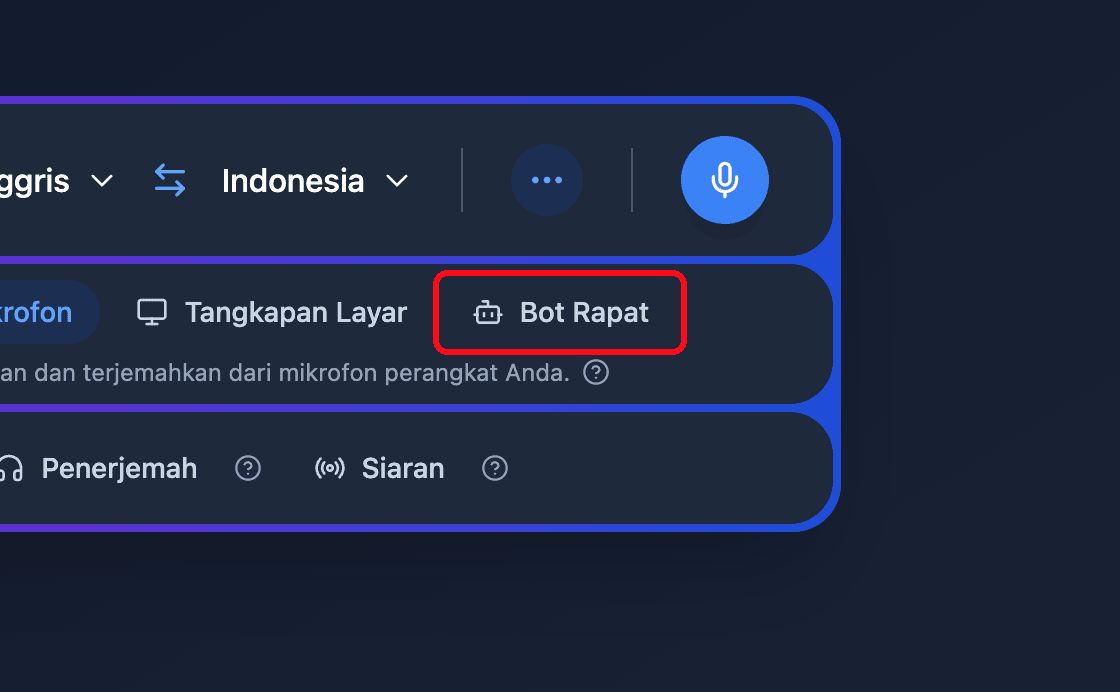 Zoomed view of the Meeting Bot source button in the Whisperr Web App