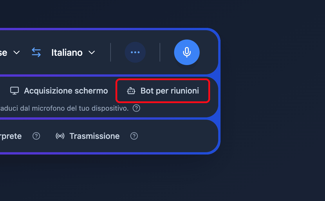 Zoomed view of the Meeting Bot source button in the Whisperr Web App