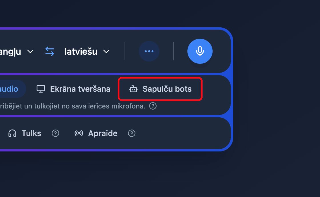 Zoomed view of the Meeting Bot source button in the Whisperr Web App