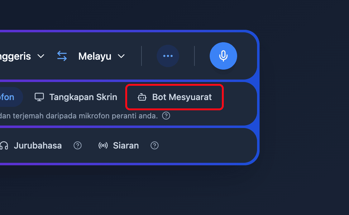 Zoomed view of the Meeting Bot source button in the Whisperr Web App