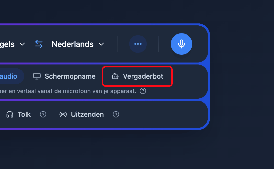 Zoomed view of the Meeting Bot source button in the Whisperr Web App