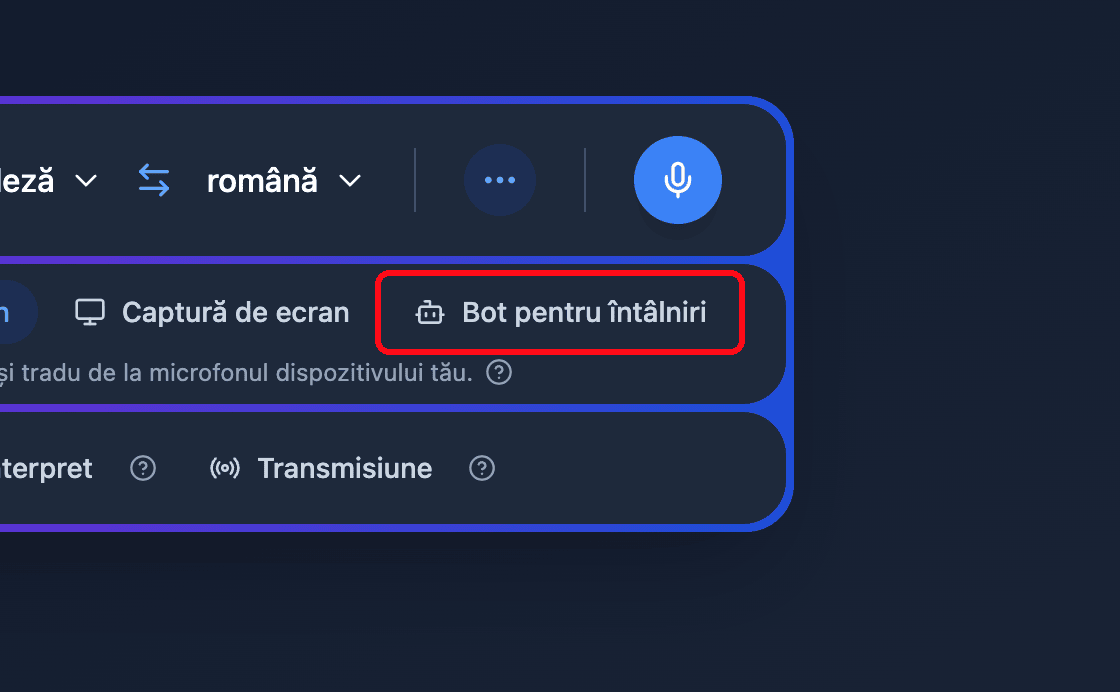 Zoomed view of the Meeting Bot source button in the Whisperr Web App