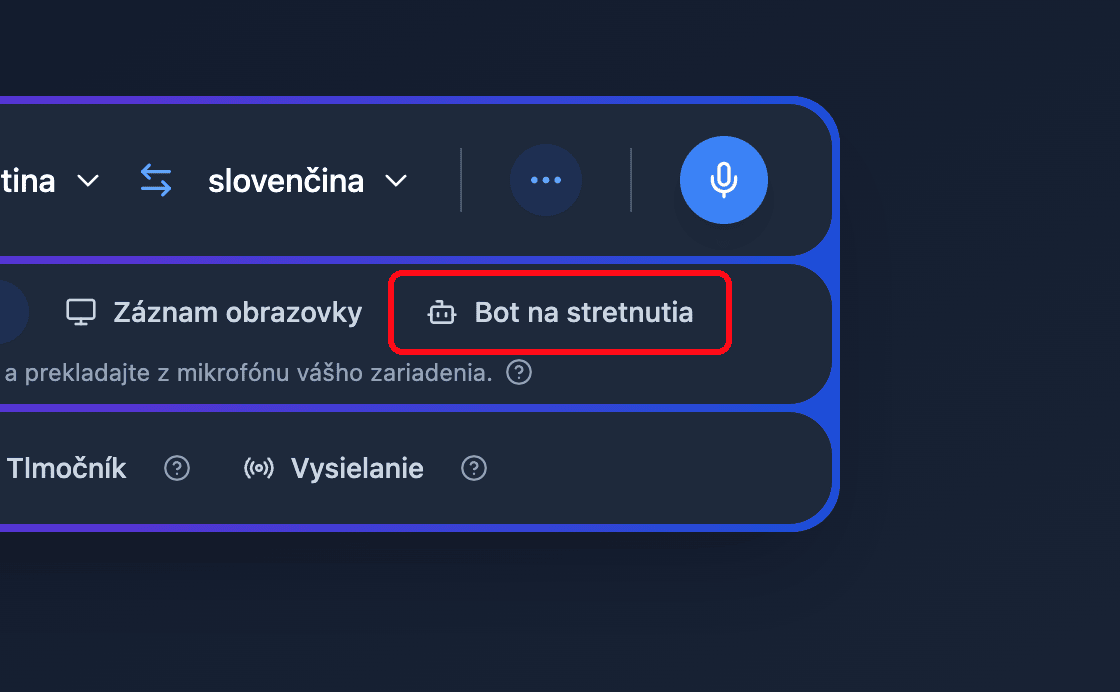 Zoomed view of the Meeting Bot source button in the Whisperr Web App