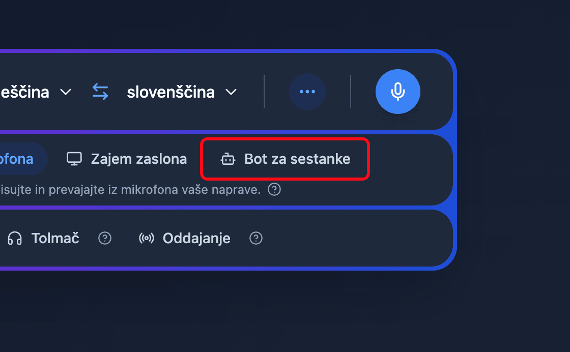 Zoomed view of the Meeting Bot source button in the Whisperr Web App
