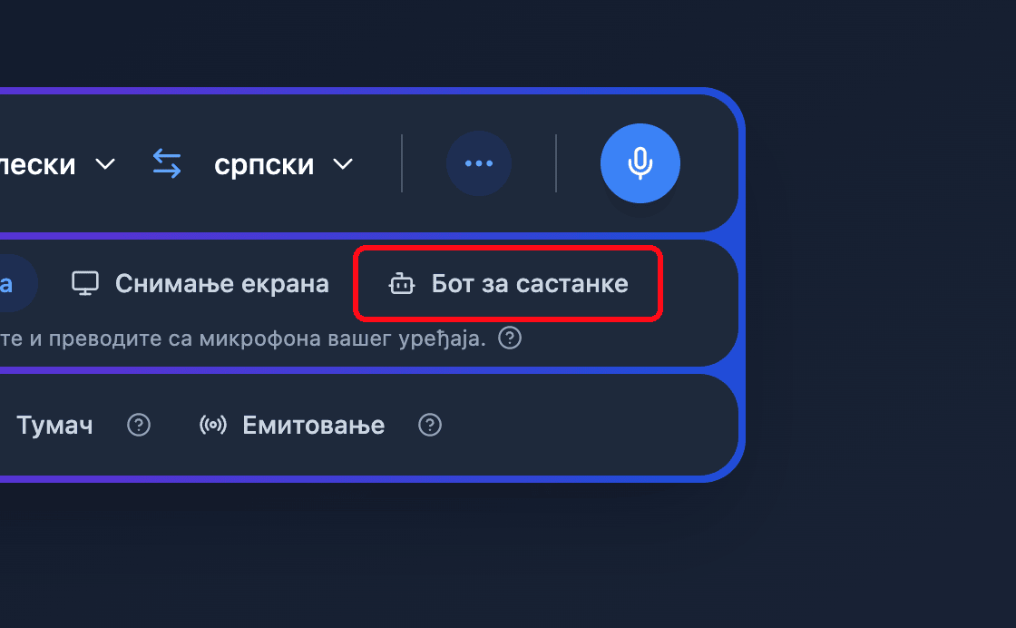 Zoomed view of the Meeting Bot source button in the Whisperr Web App