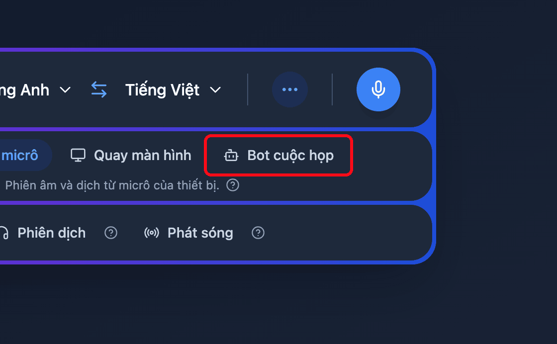 Zoomed view of the Meeting Bot source button in the Whisperr Web App