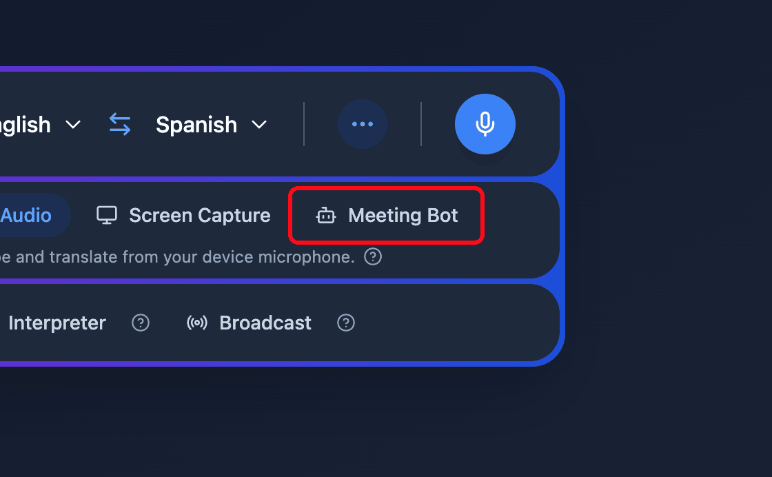Zoomed view of the Meeting Bot source button in the Whisperr Web App