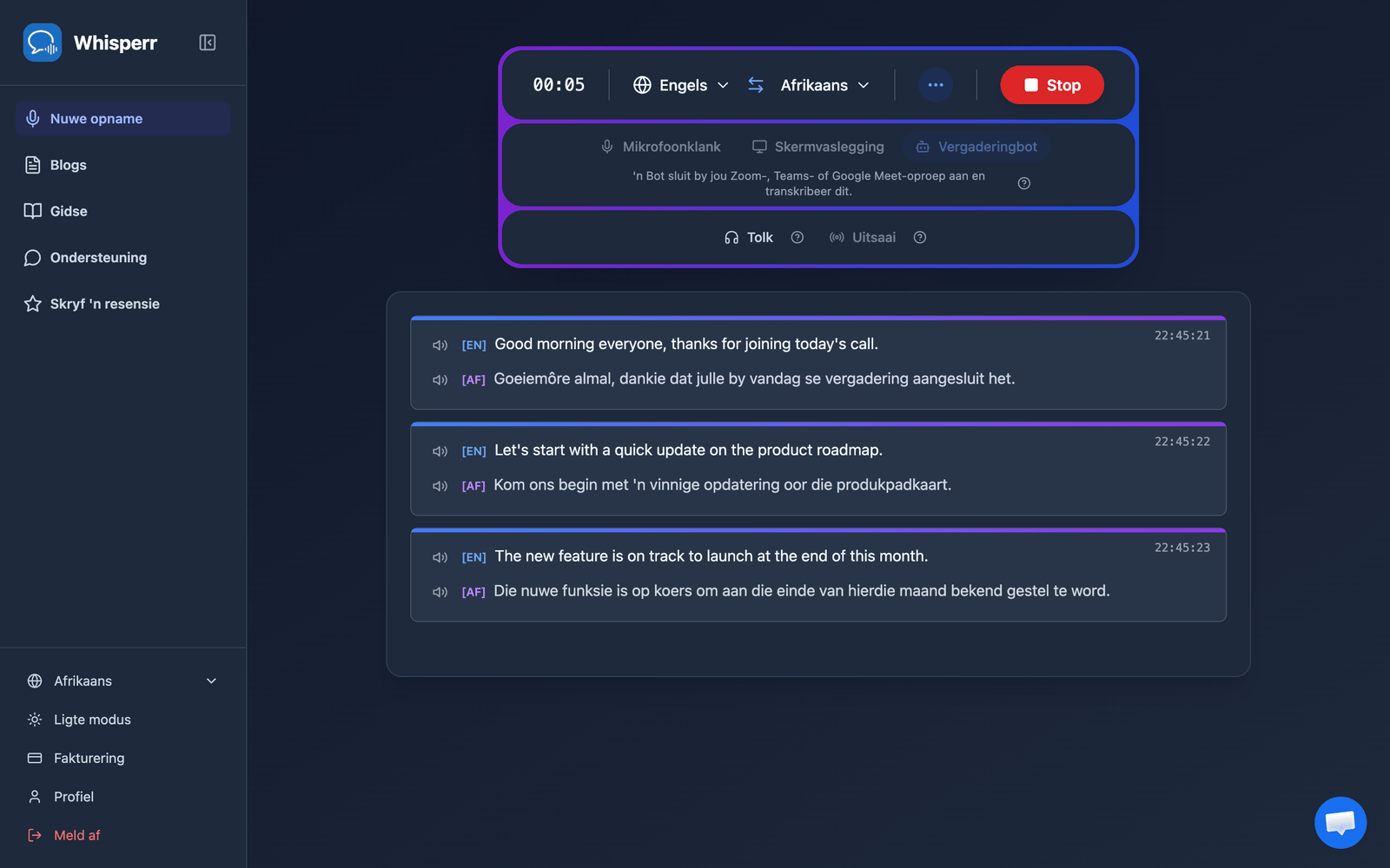 Real-time meeting transcription and translation appearing in the Whisperr Web App after the bot joins