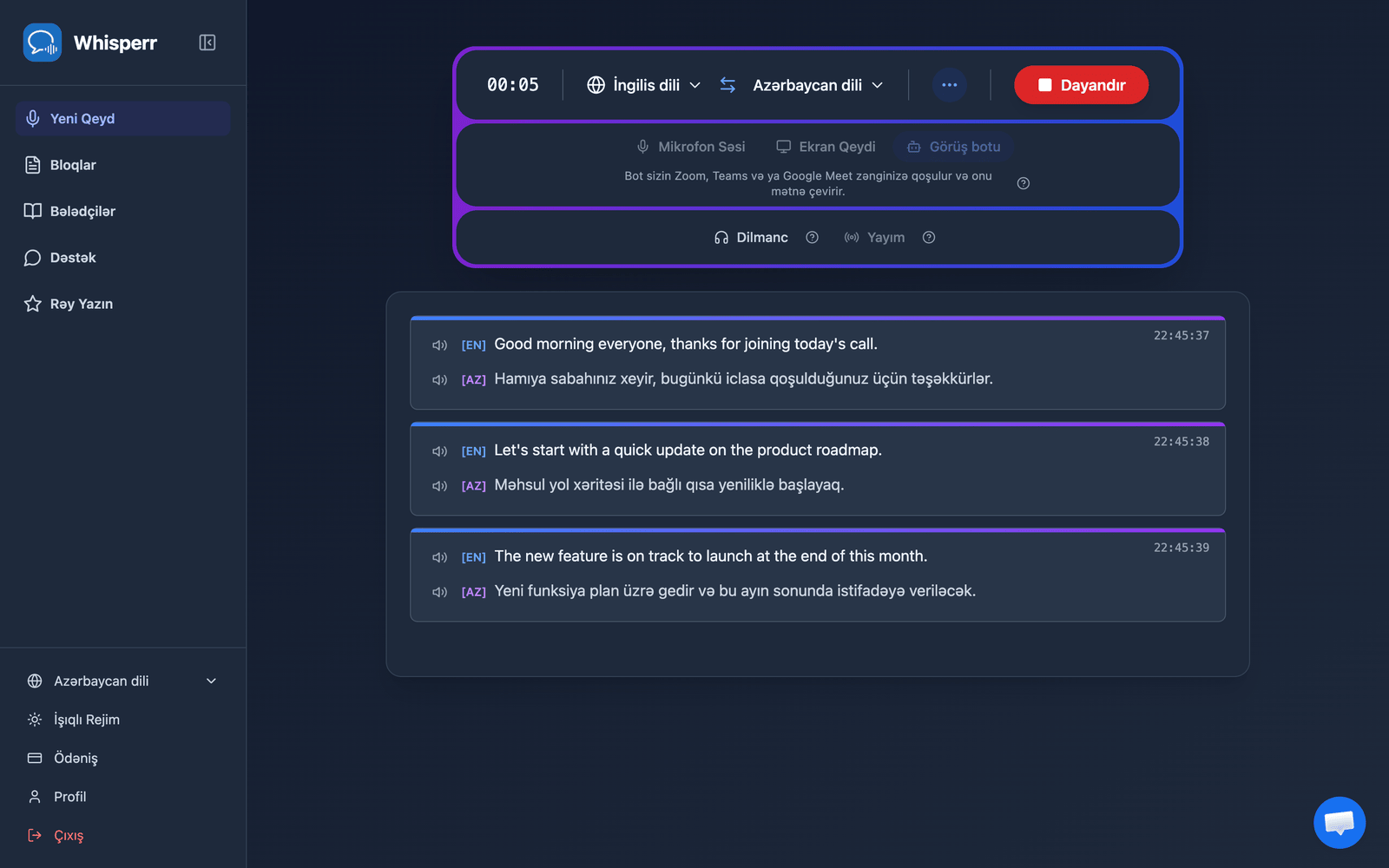 Real-time meeting transcription and translation appearing in the Whisperr Web App after the bot joins