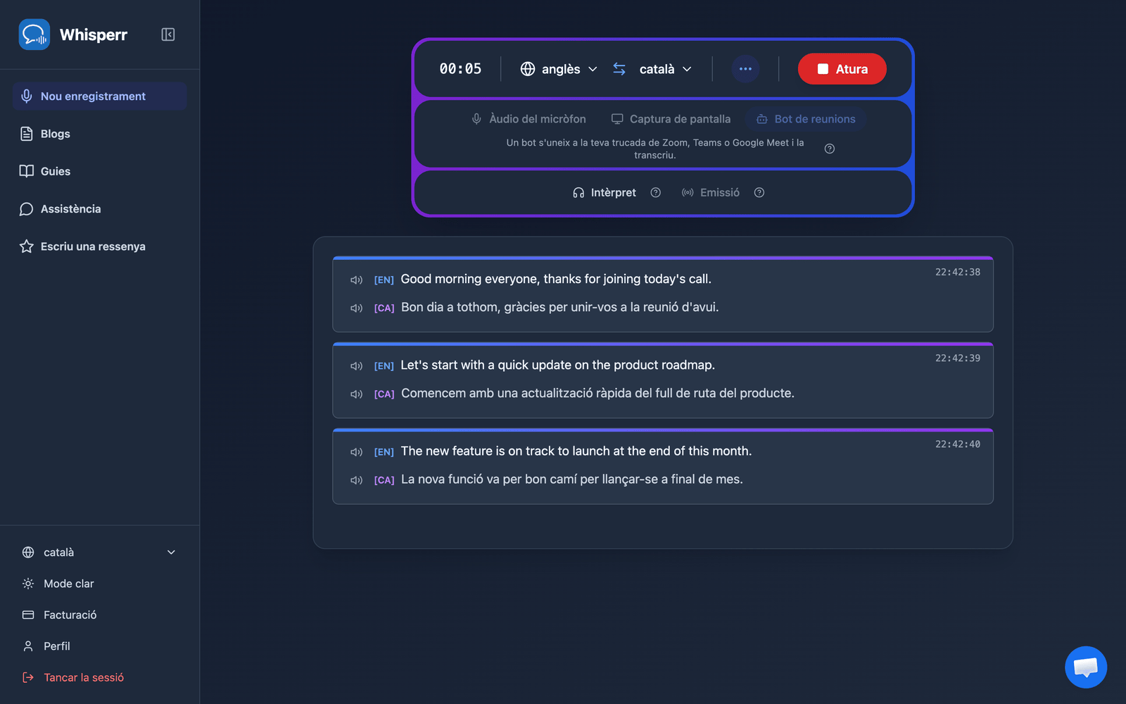 Real-time meeting transcription and translation appearing in the Whisperr Web App after the bot joins