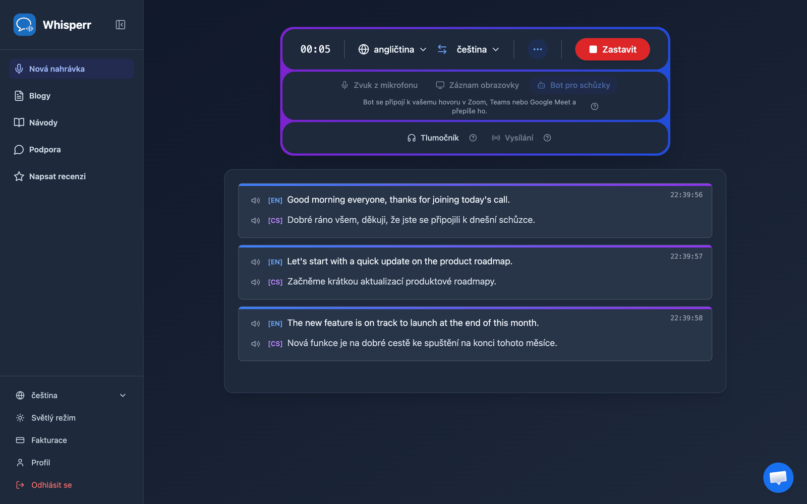 Real-time meeting transcription and translation appearing in the Whisperr Web App after the bot joins