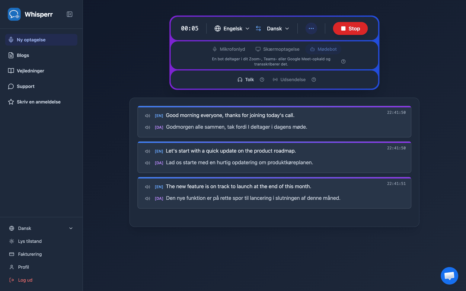 Real-time meeting transcription and translation appearing in the Whisperr Web App after the bot joins
