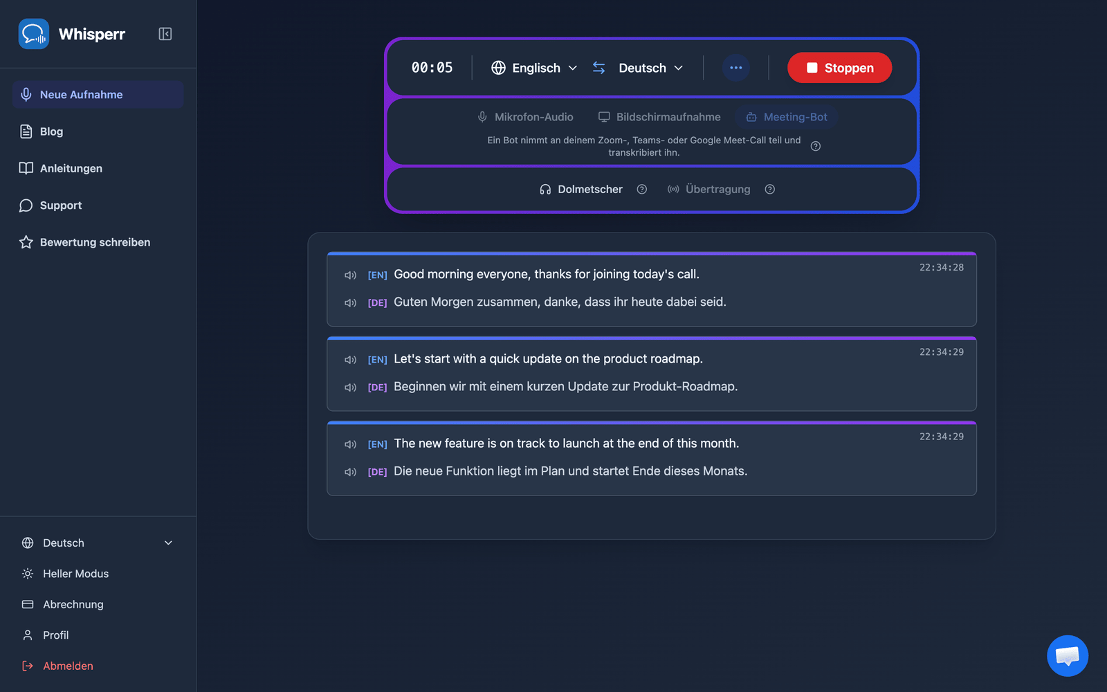 Real-time meeting transcription and translation appearing in the Whisperr Web App after the bot joins