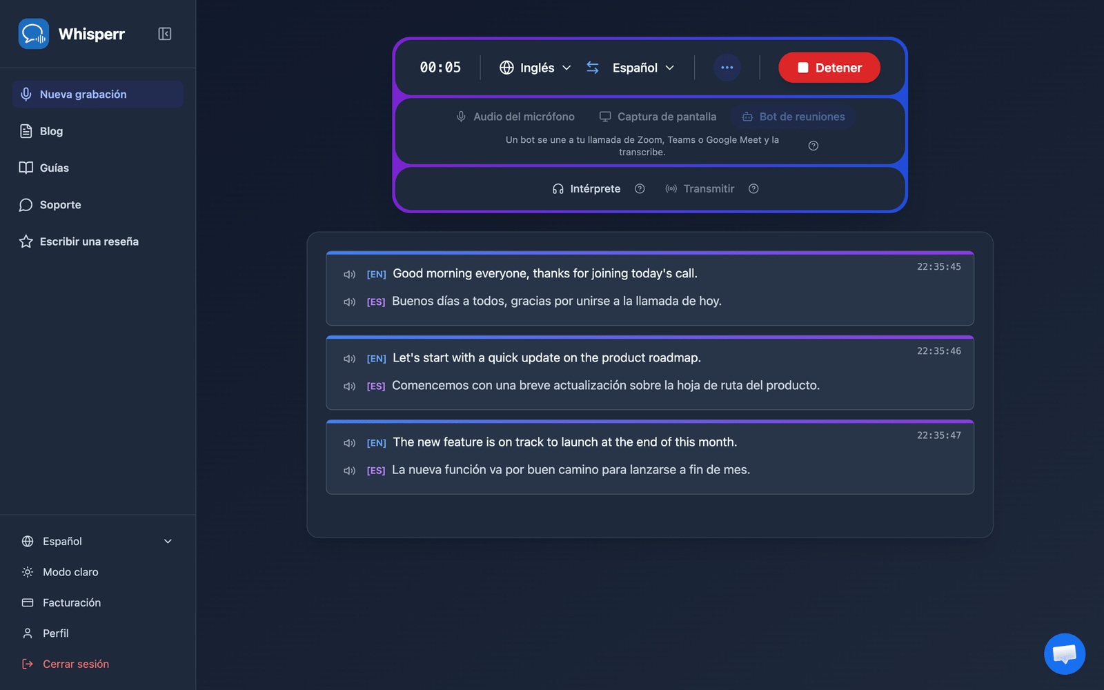 Real-time meeting transcription and translation appearing in the Whisperr Web App after the bot joins