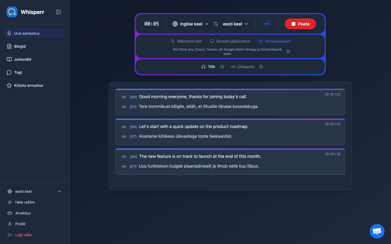 Real-time meeting transcription and translation appearing in the Whisperr Web App after the bot joins