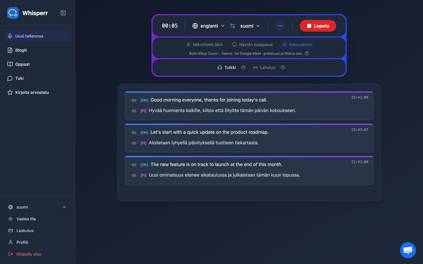 Real-time meeting transcription and translation appearing in the Whisperr Web App after the bot joins
