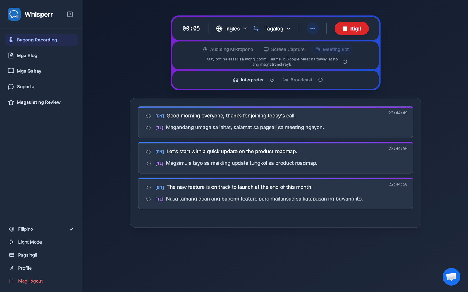 Real-time meeting transcription and translation appearing in the Whisperr Web App after the bot joins