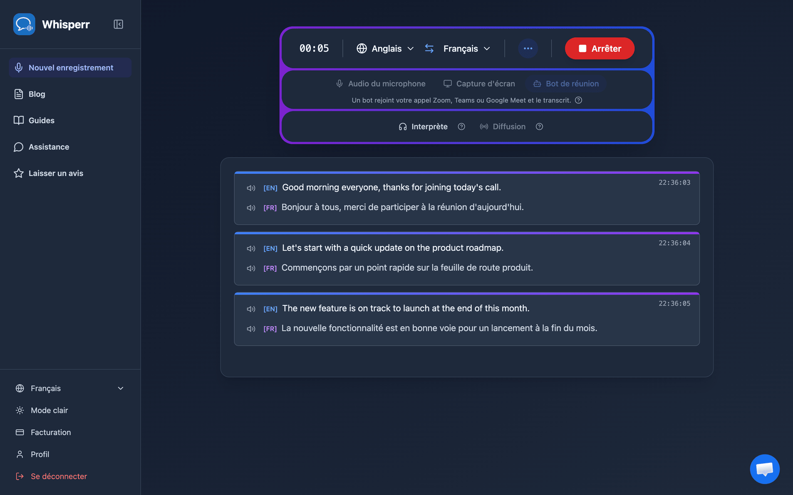 Real-time meeting transcription and translation appearing in the Whisperr Web App after the bot joins