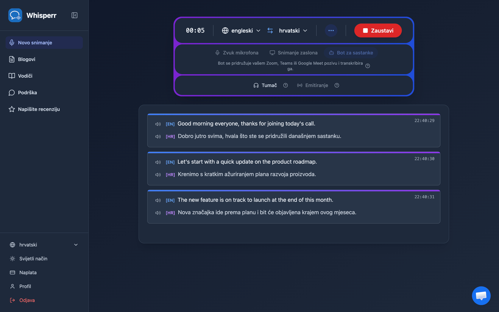 Real-time meeting transcription and translation appearing in the Whisperr Web App after the bot joins