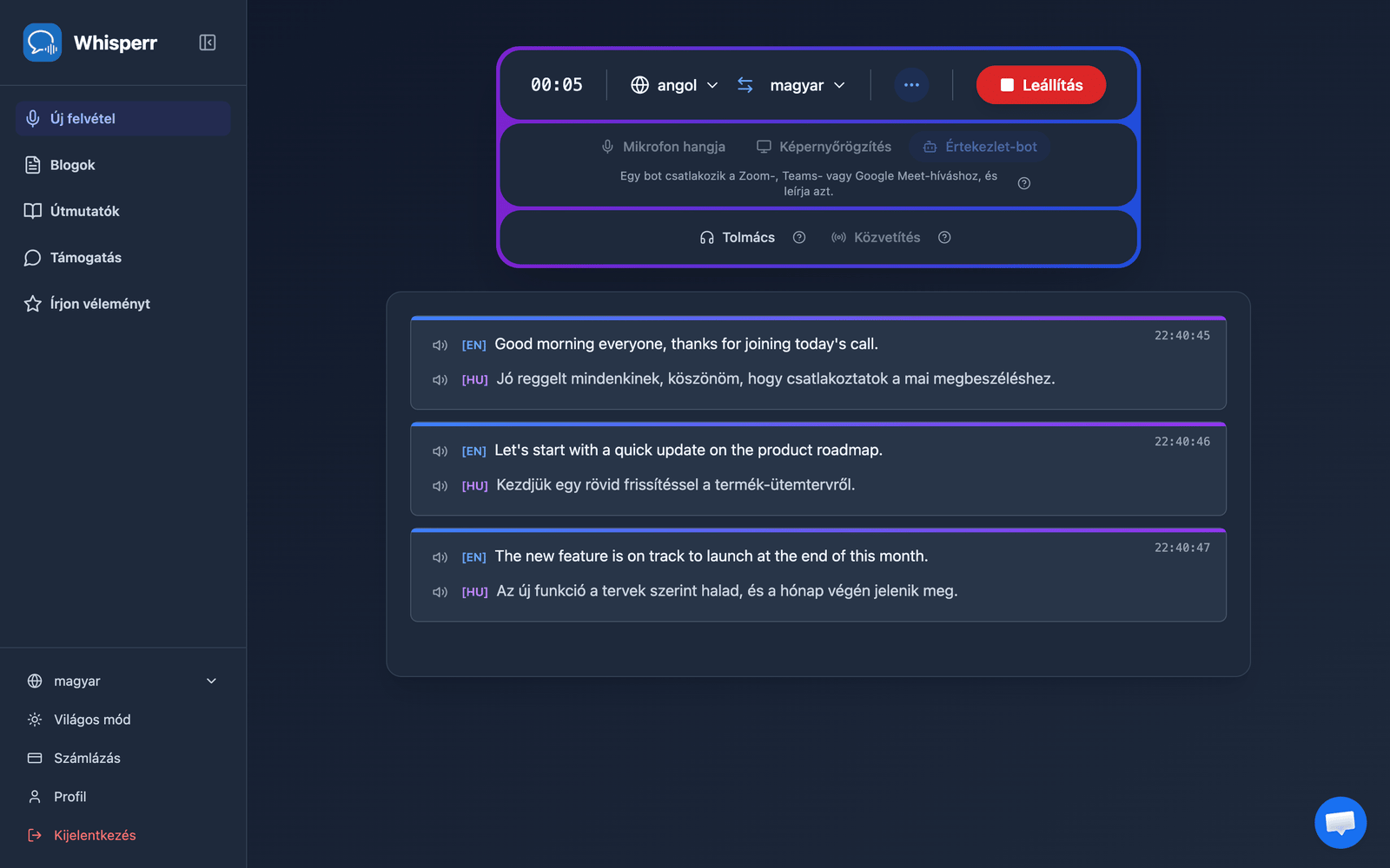 Real-time meeting transcription and translation appearing in the Whisperr Web App after the bot joins