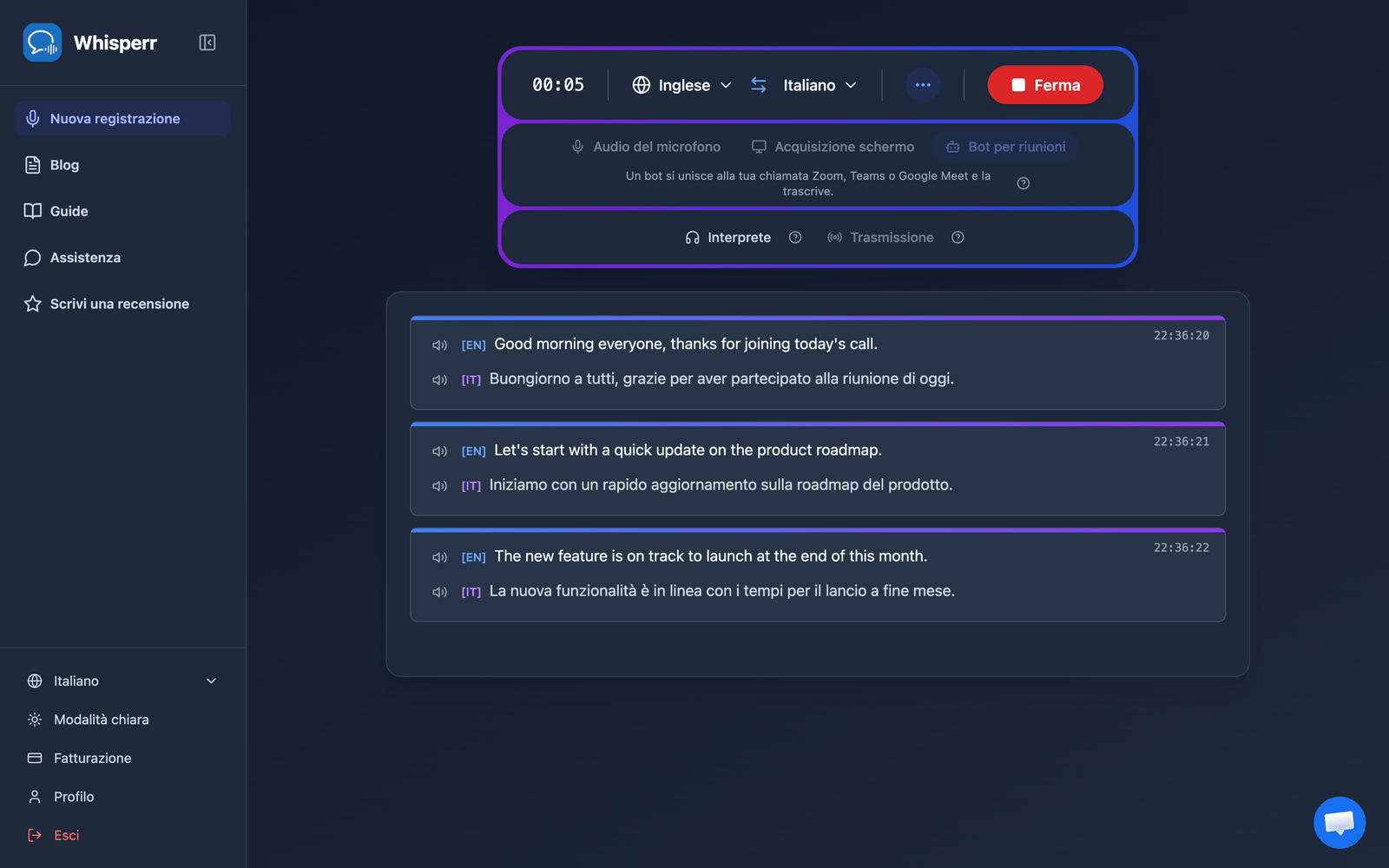 Real-time meeting transcription and translation appearing in the Whisperr Web App after the bot joins