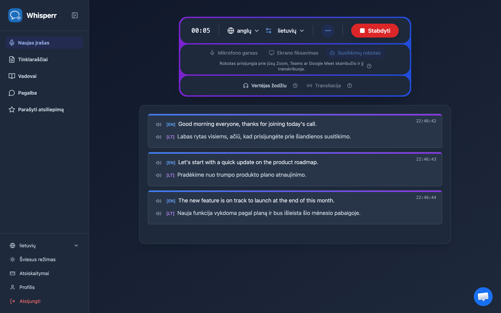 Real-time meeting transcription and translation appearing in the Whisperr Web App after the bot joins