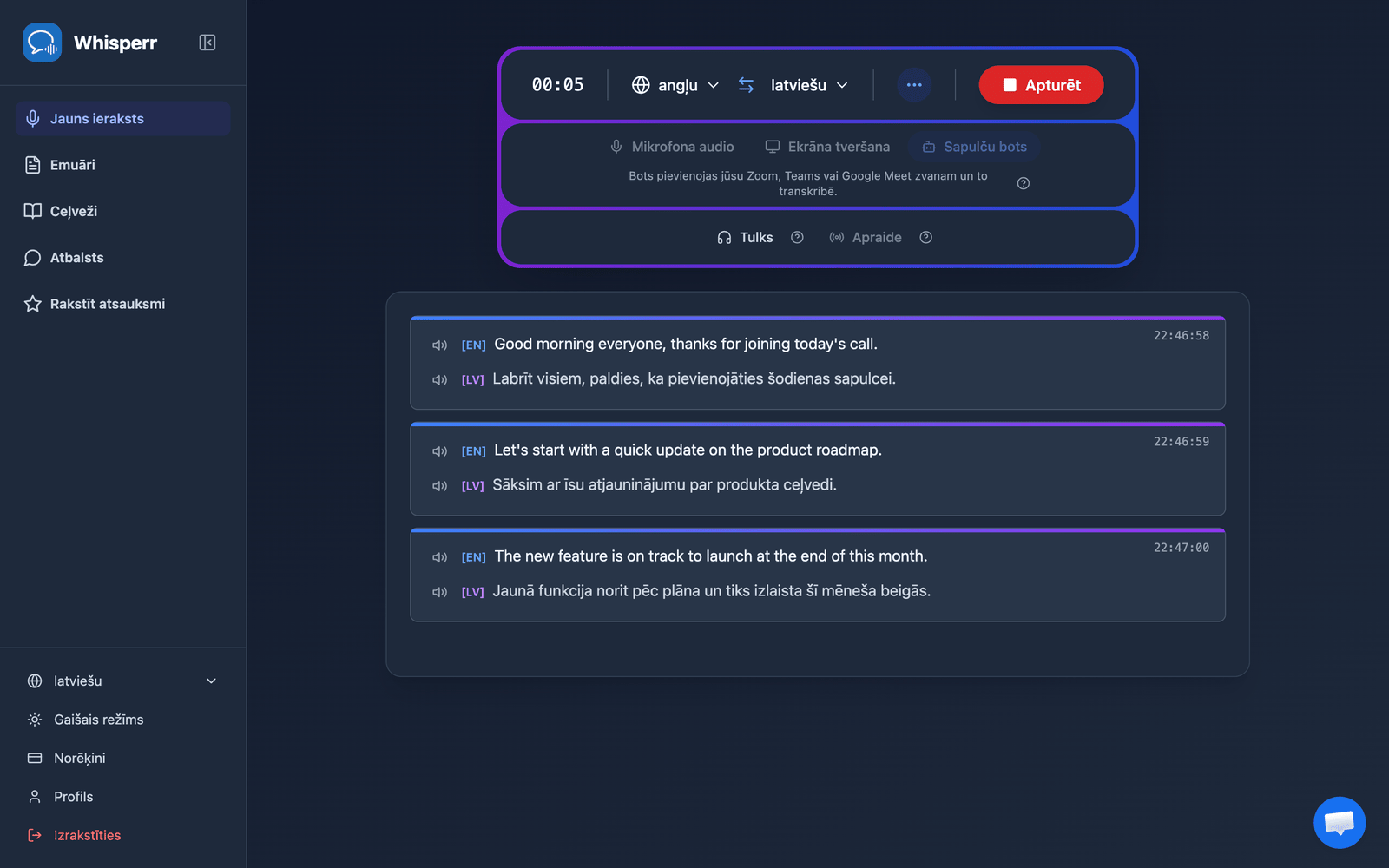 Real-time meeting transcription and translation appearing in the Whisperr Web App after the bot joins