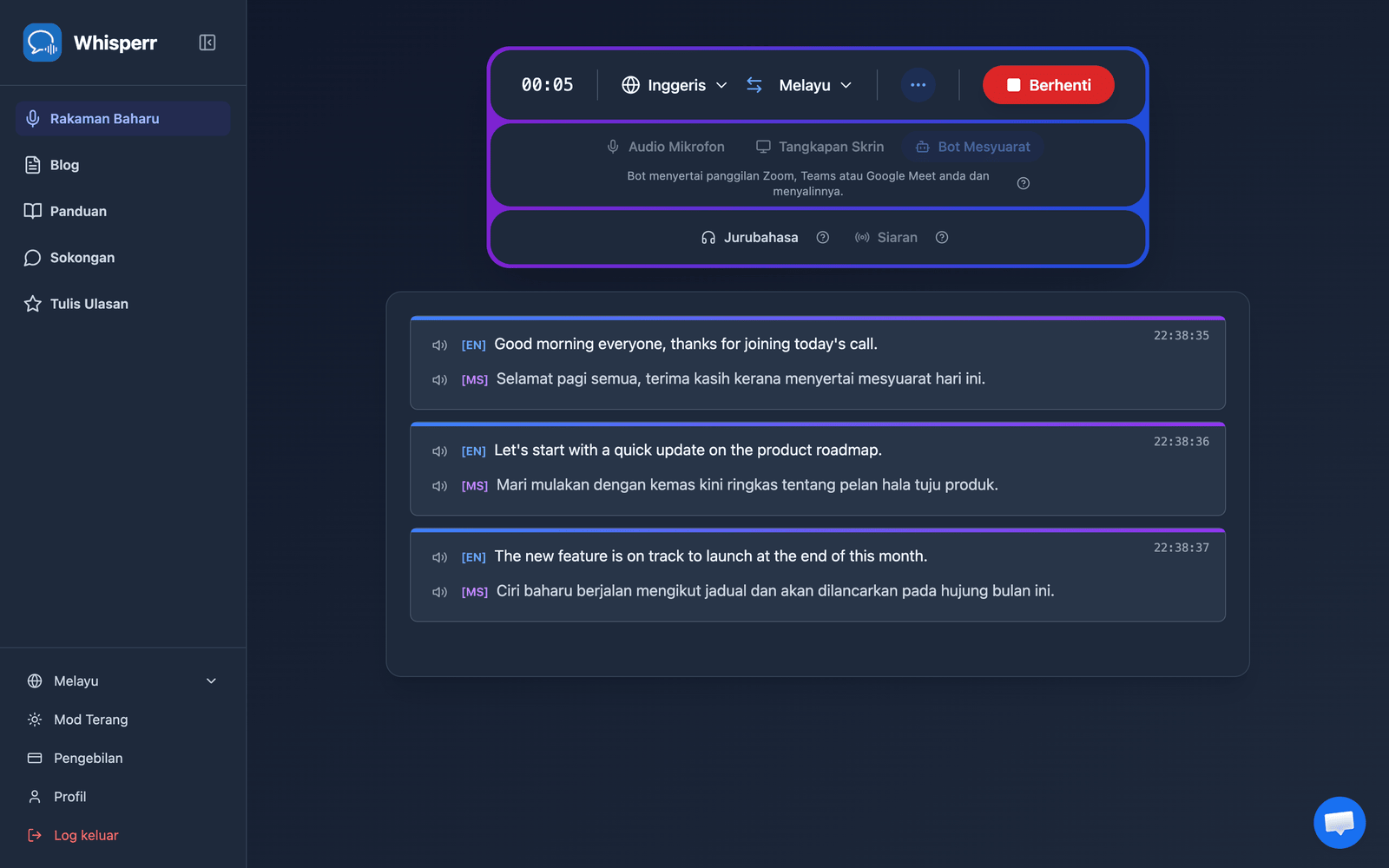 Real-time meeting transcription and translation appearing in the Whisperr Web App after the bot joins