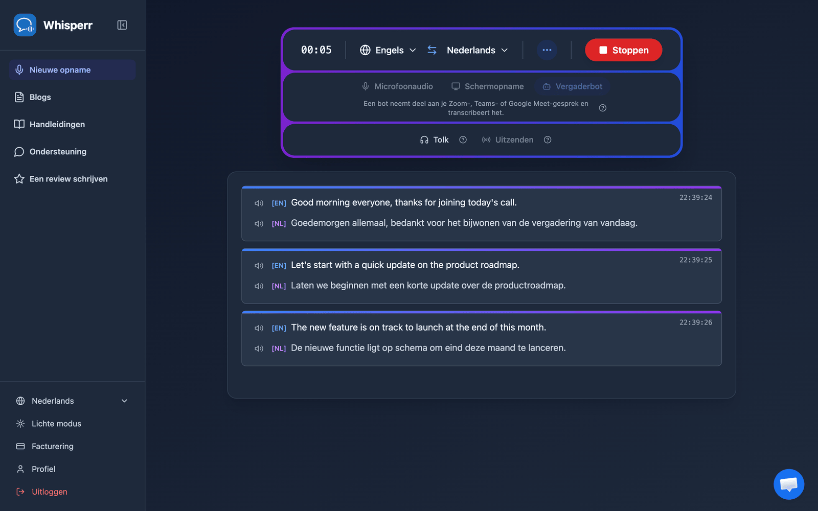 Real-time meeting transcription and translation appearing in the Whisperr Web App after the bot joins