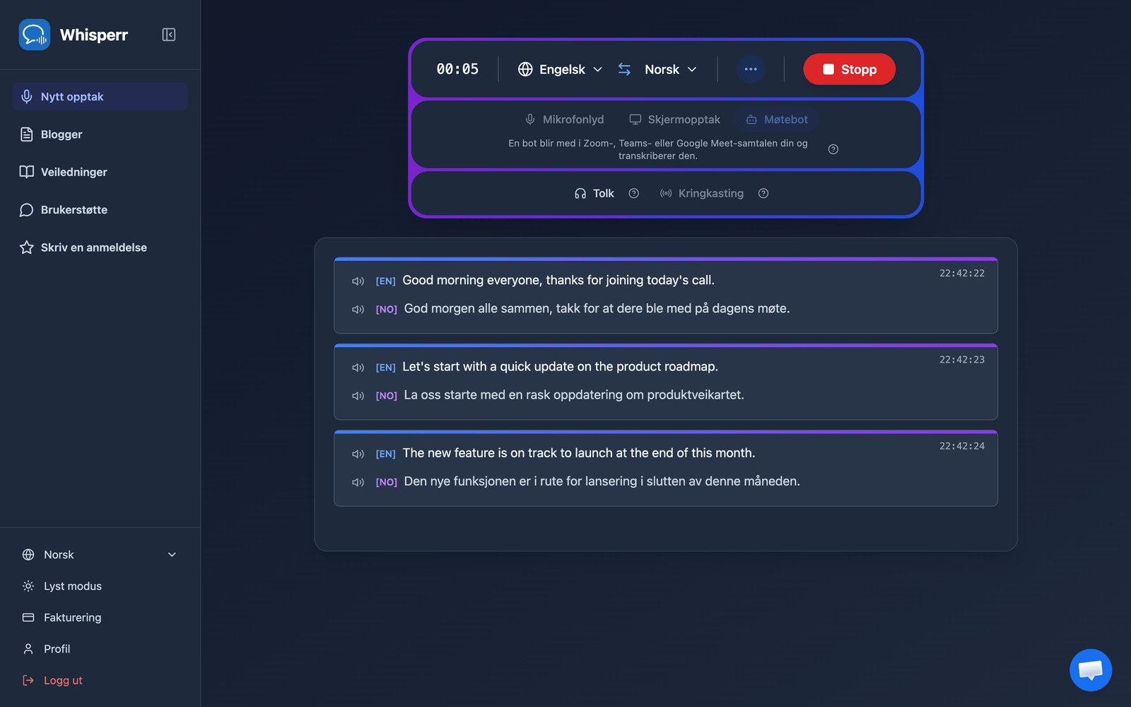 Real-time meeting transcription and translation appearing in the Whisperr Web App after the bot joins