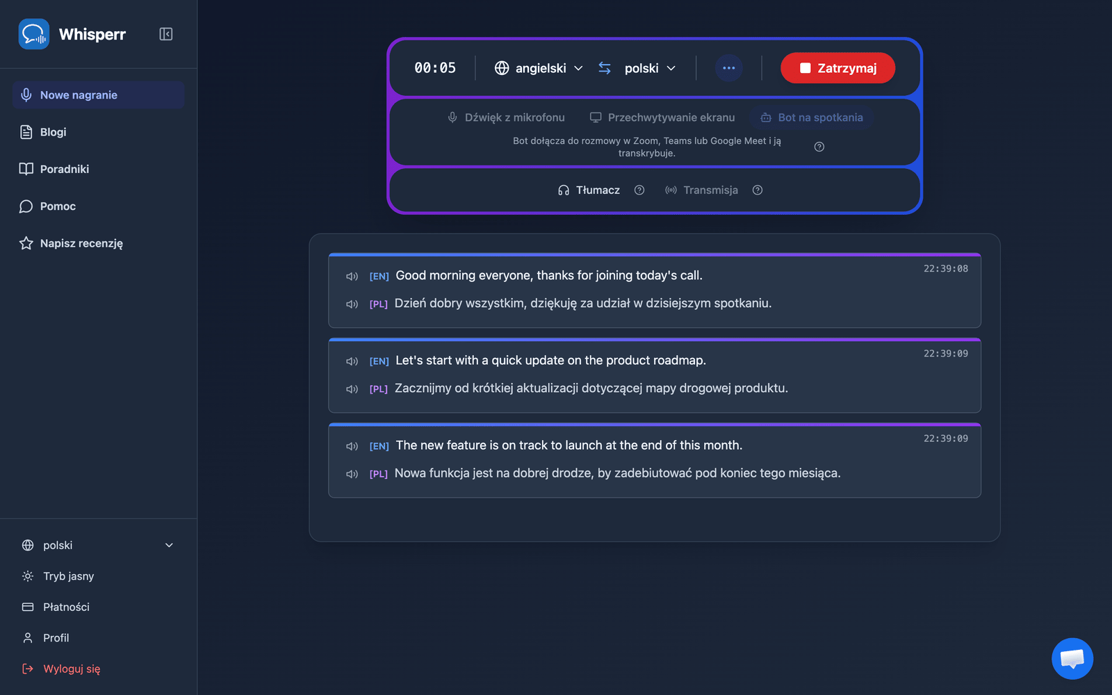 Real-time meeting transcription and translation appearing in the Whisperr Web App after the bot joins