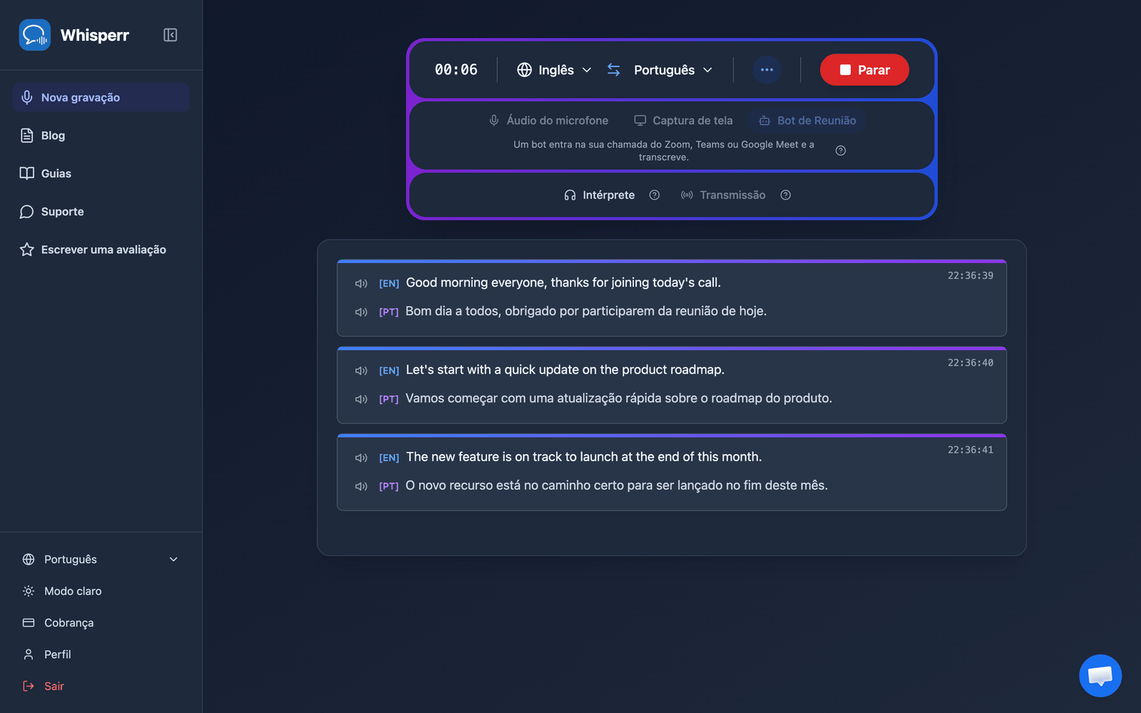 Real-time meeting transcription and translation appearing in the Whisperr Web App after the bot joins