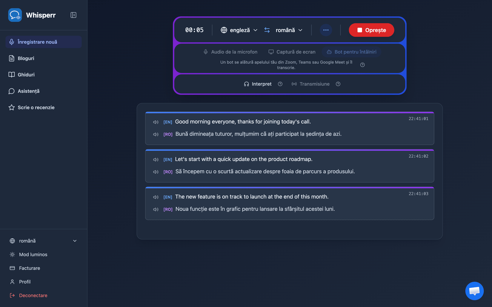 Real-time meeting transcription and translation appearing in the Whisperr Web App after the bot joins