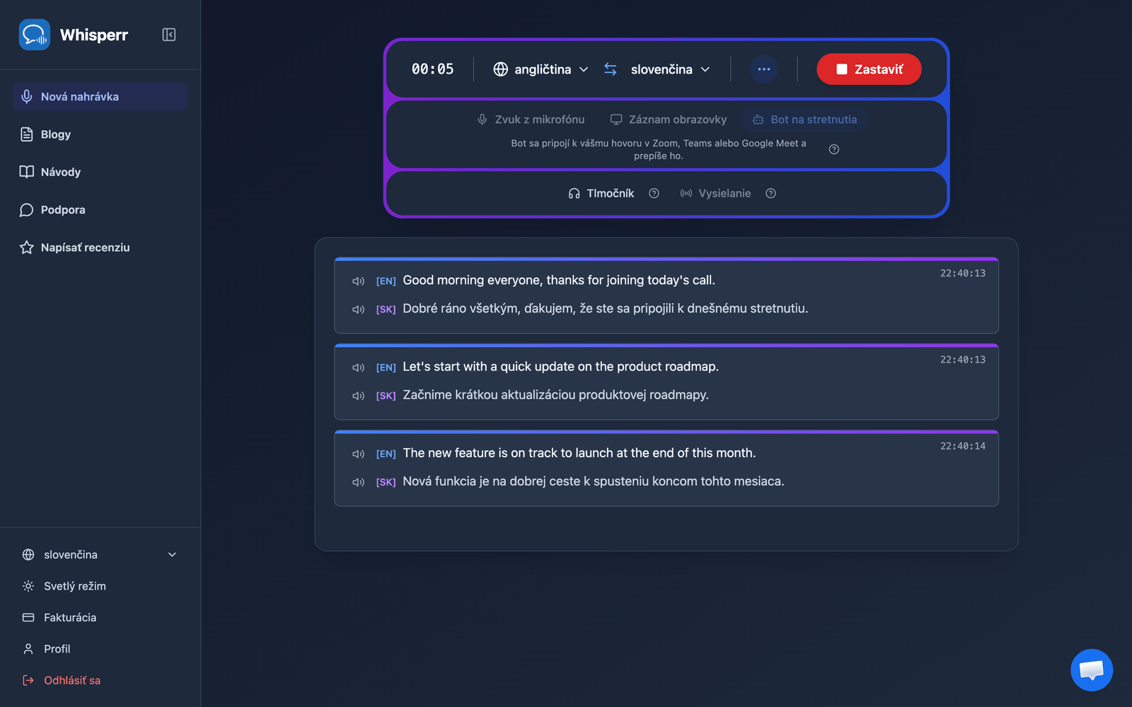 Real-time meeting transcription and translation appearing in the Whisperr Web App after the bot joins