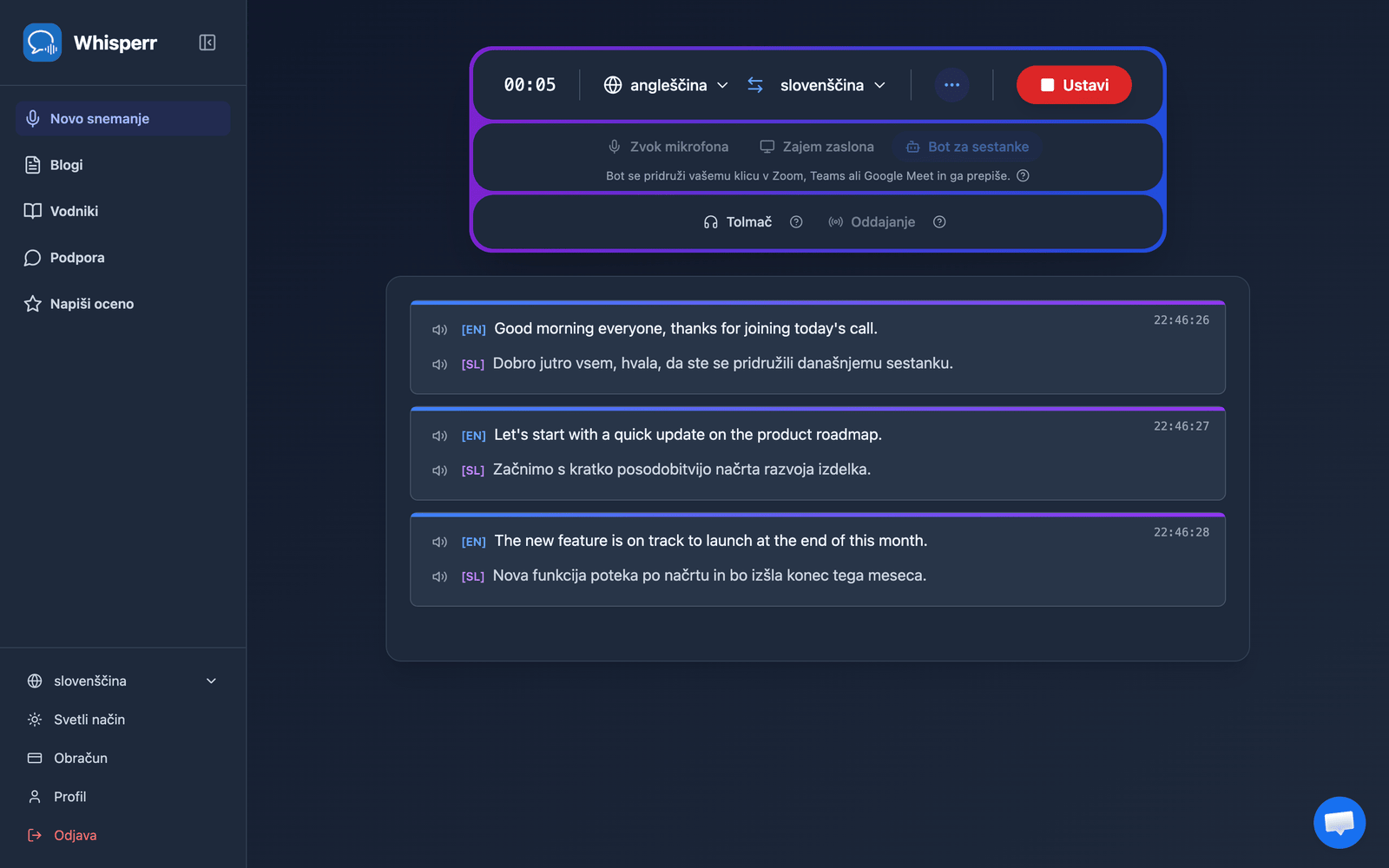 Real-time meeting transcription and translation appearing in the Whisperr Web App after the bot joins