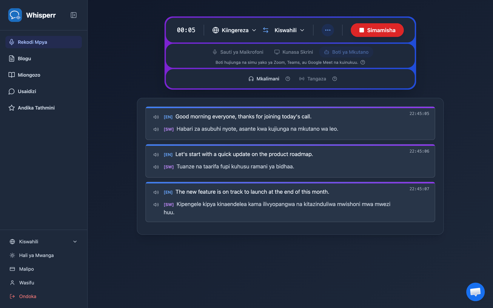 Real-time meeting transcription and translation appearing in the Whisperr Web App after the bot joins