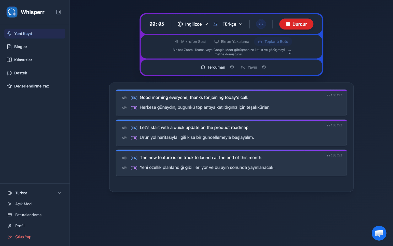 Real-time meeting transcription and translation appearing in the Whisperr Web App after the bot joins
