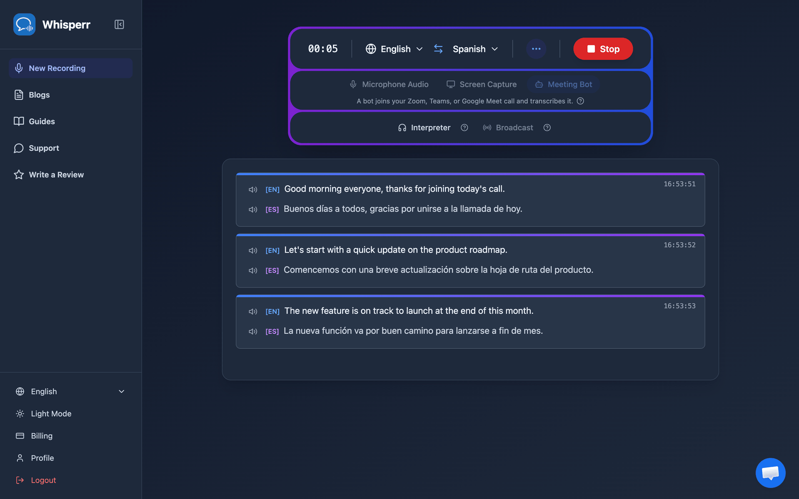 Real-time meeting transcription and translation appearing in the Whisperr Web App after the bot joins