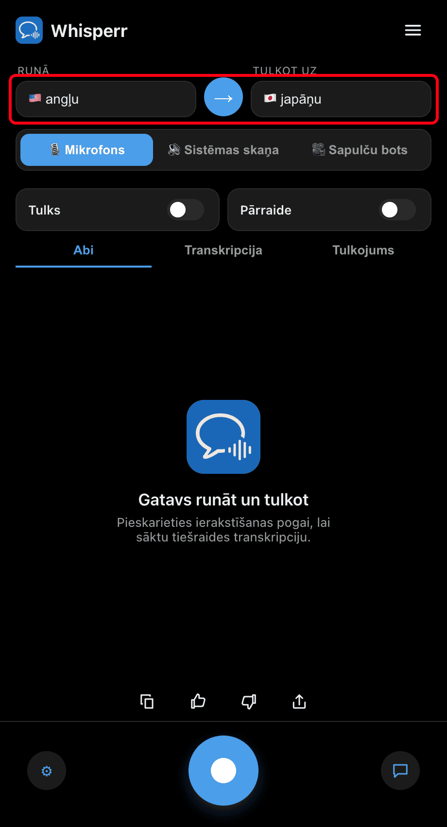 Setting the Speaking and Translate to languages in the Whisperr desktop app