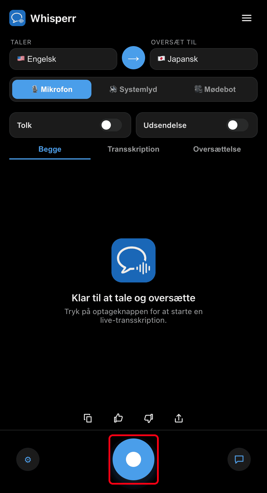 Clicking the record button in the Whisperr desktop app