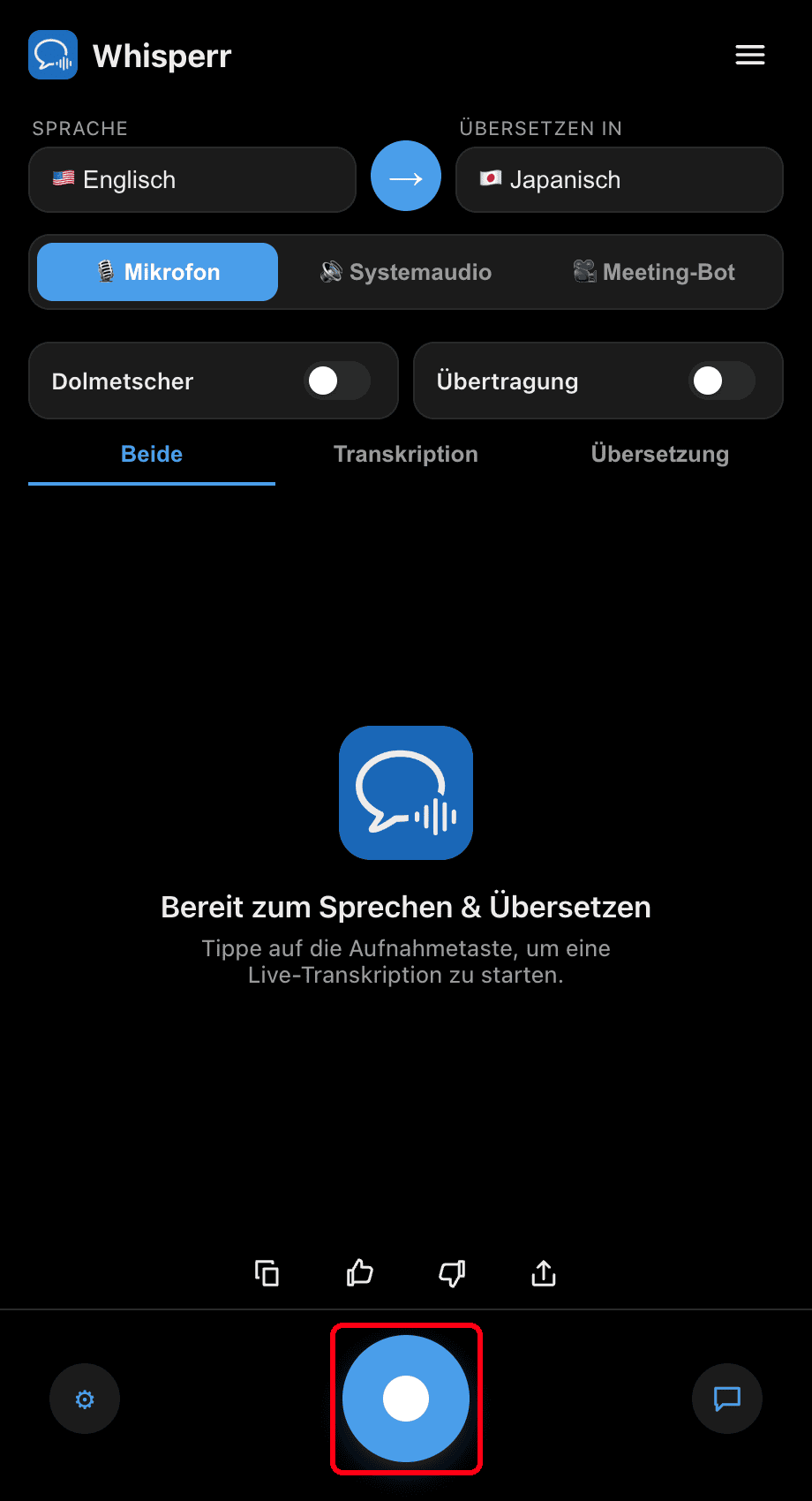 Clicking the record button in the Whisperr desktop app
