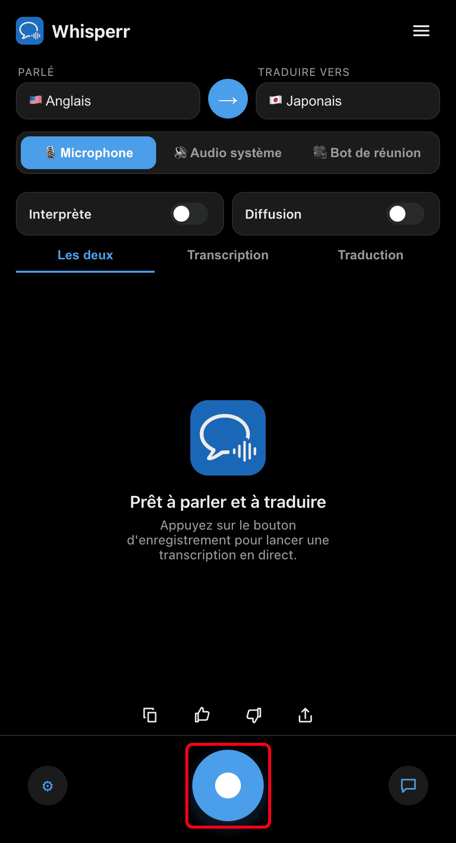 Clicking the record button in the Whisperr desktop app