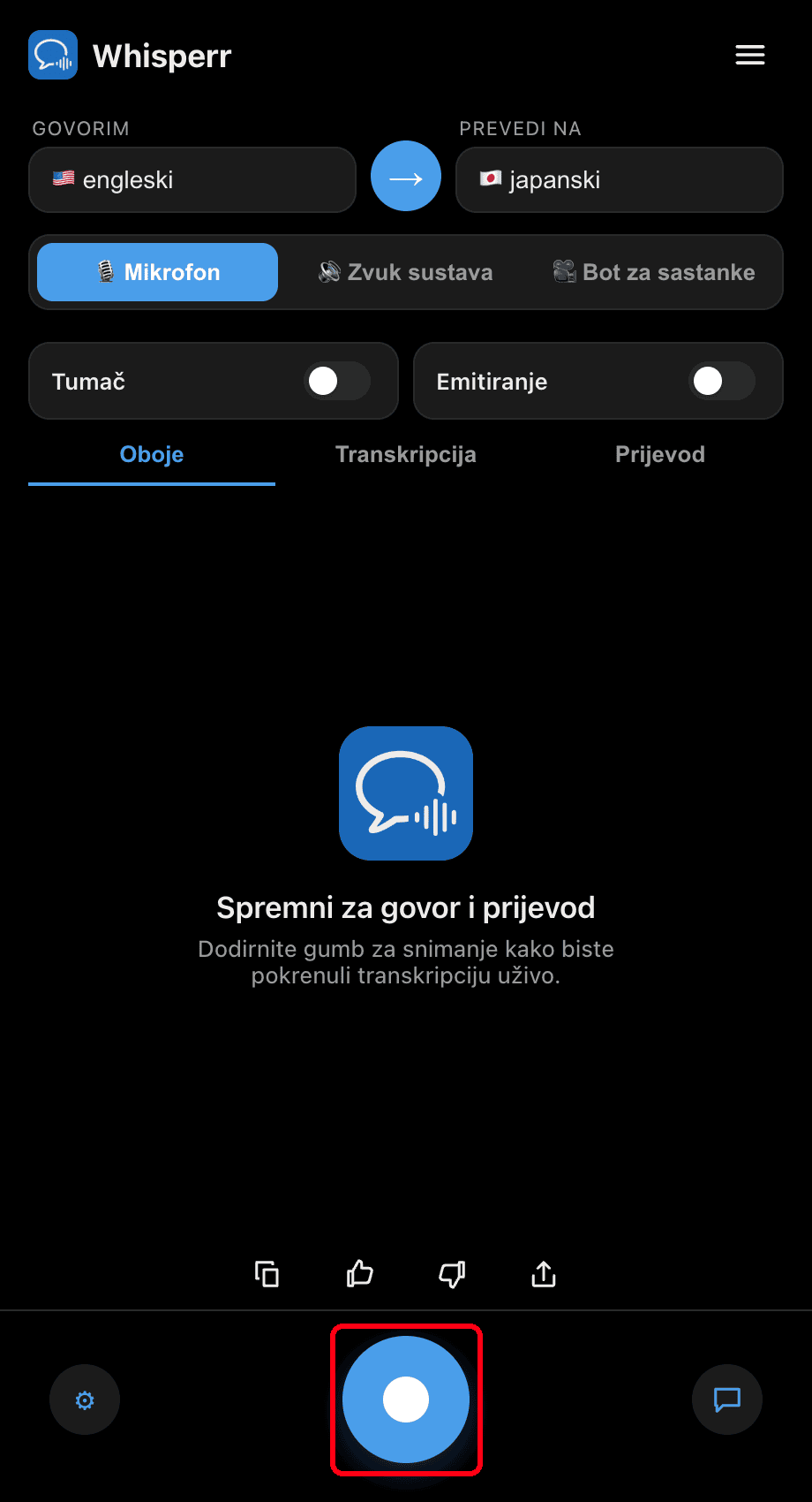 Clicking the record button in the Whisperr desktop app