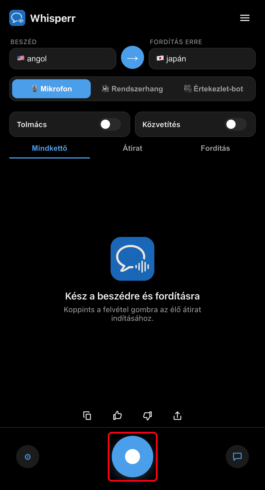 Clicking the record button in the Whisperr desktop app