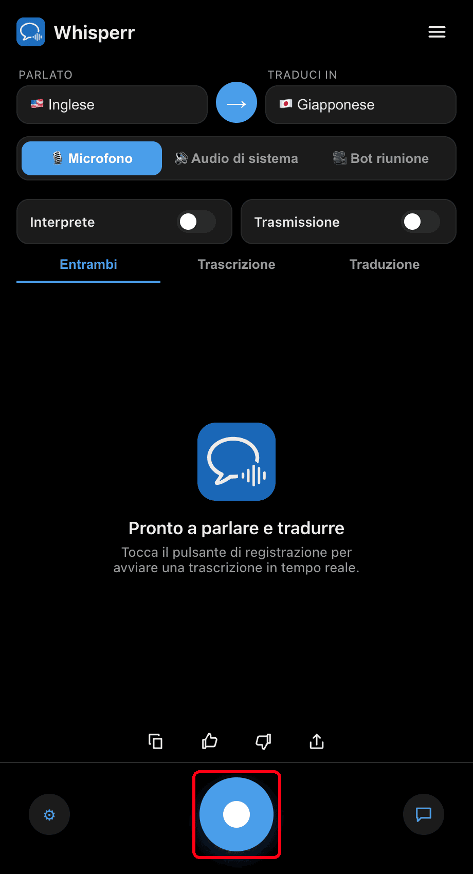 Clicking the record button in the Whisperr desktop app