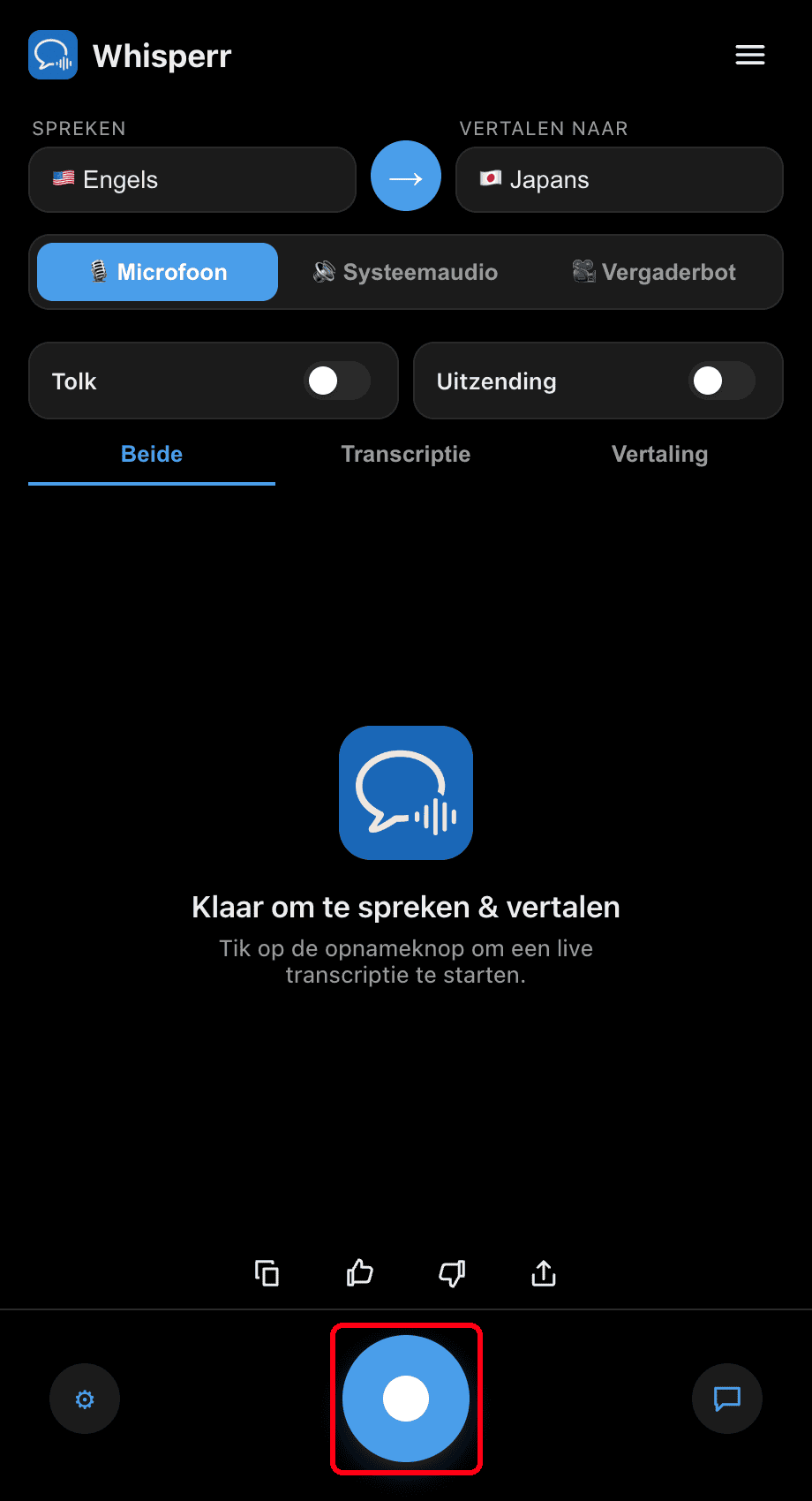 Clicking the record button in the Whisperr desktop app